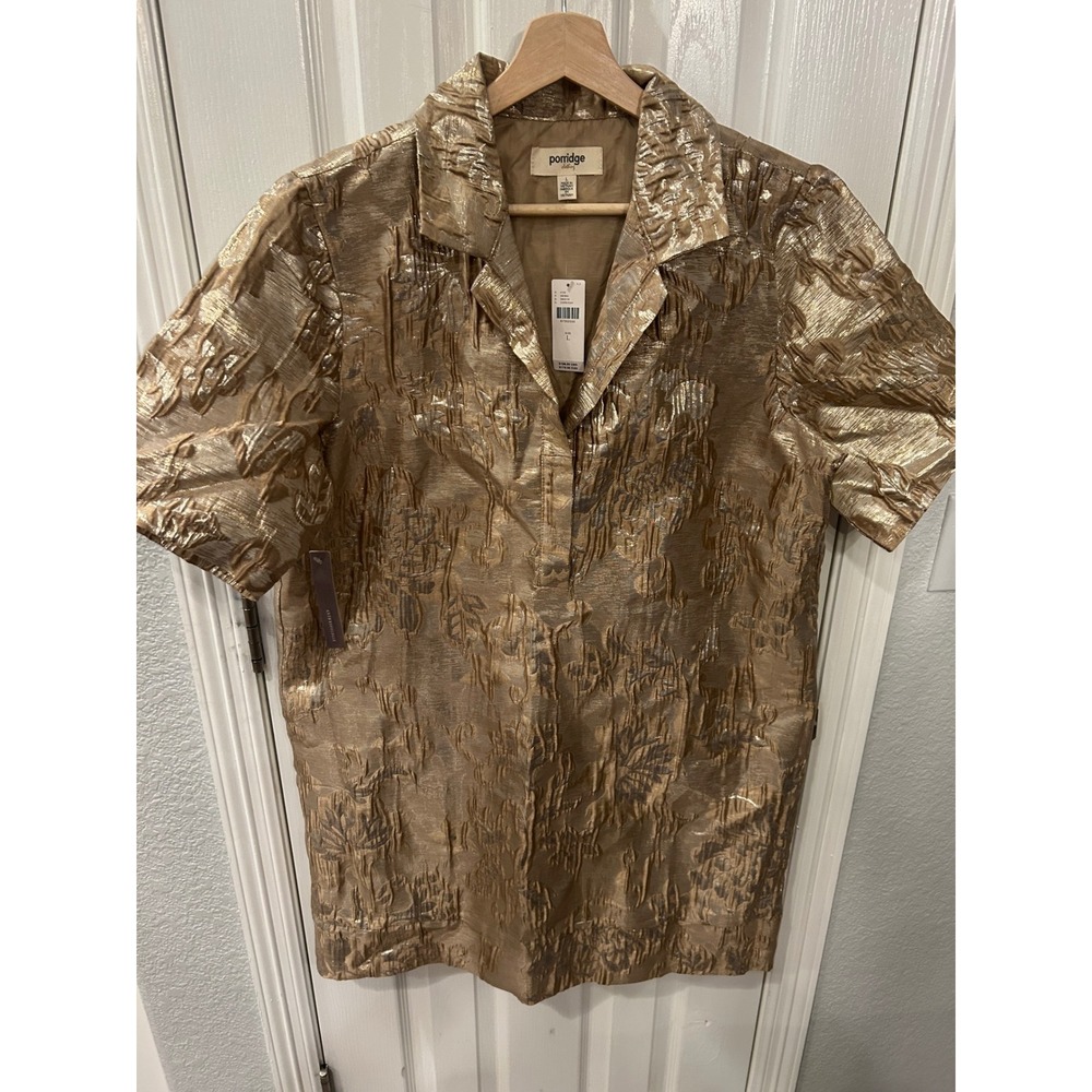 Porridge Anthropologie Gold Metallic Floral Jacquard Mini‎ Dress Collared L NWT